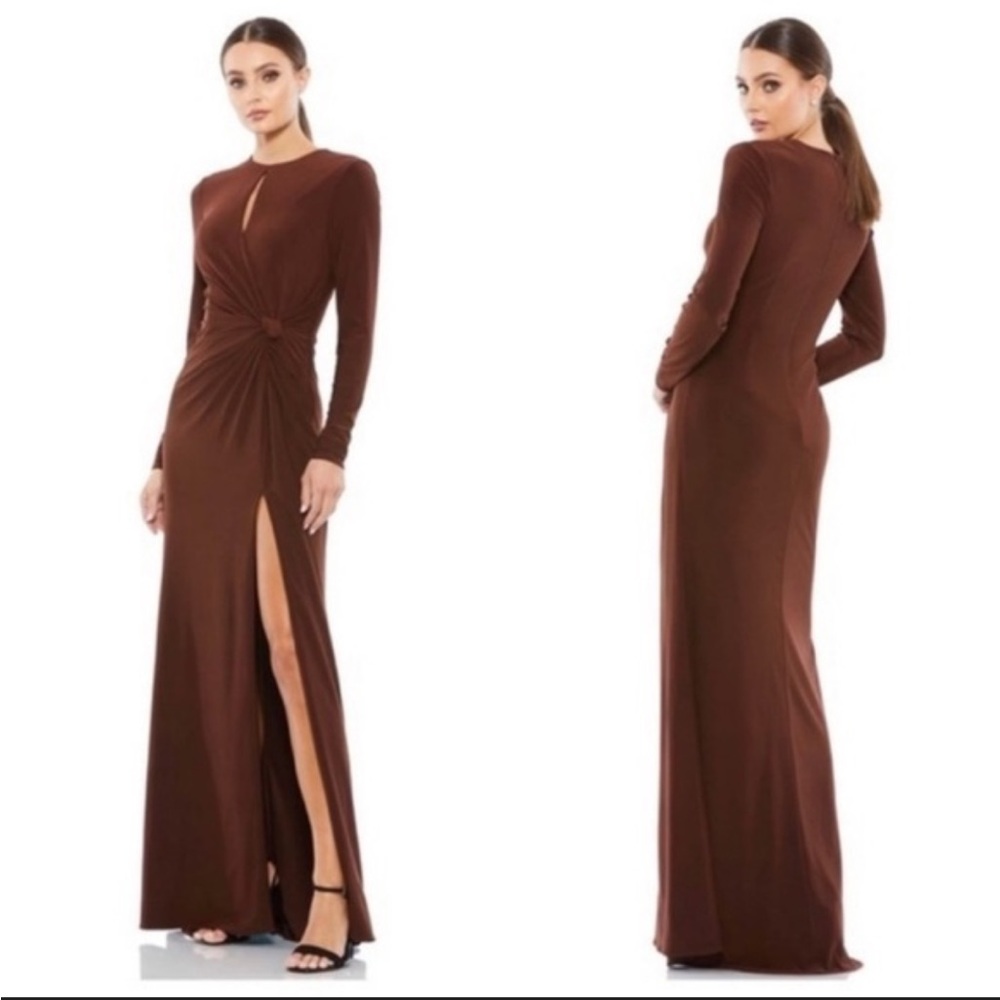 Mac Duggal Elegant Brown Long-Sleeve Knot Front Formal Gown with Thigh Slit
